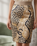 Leopard Floral Satin Pencil Skirt — Elegant Neutral Animal Print