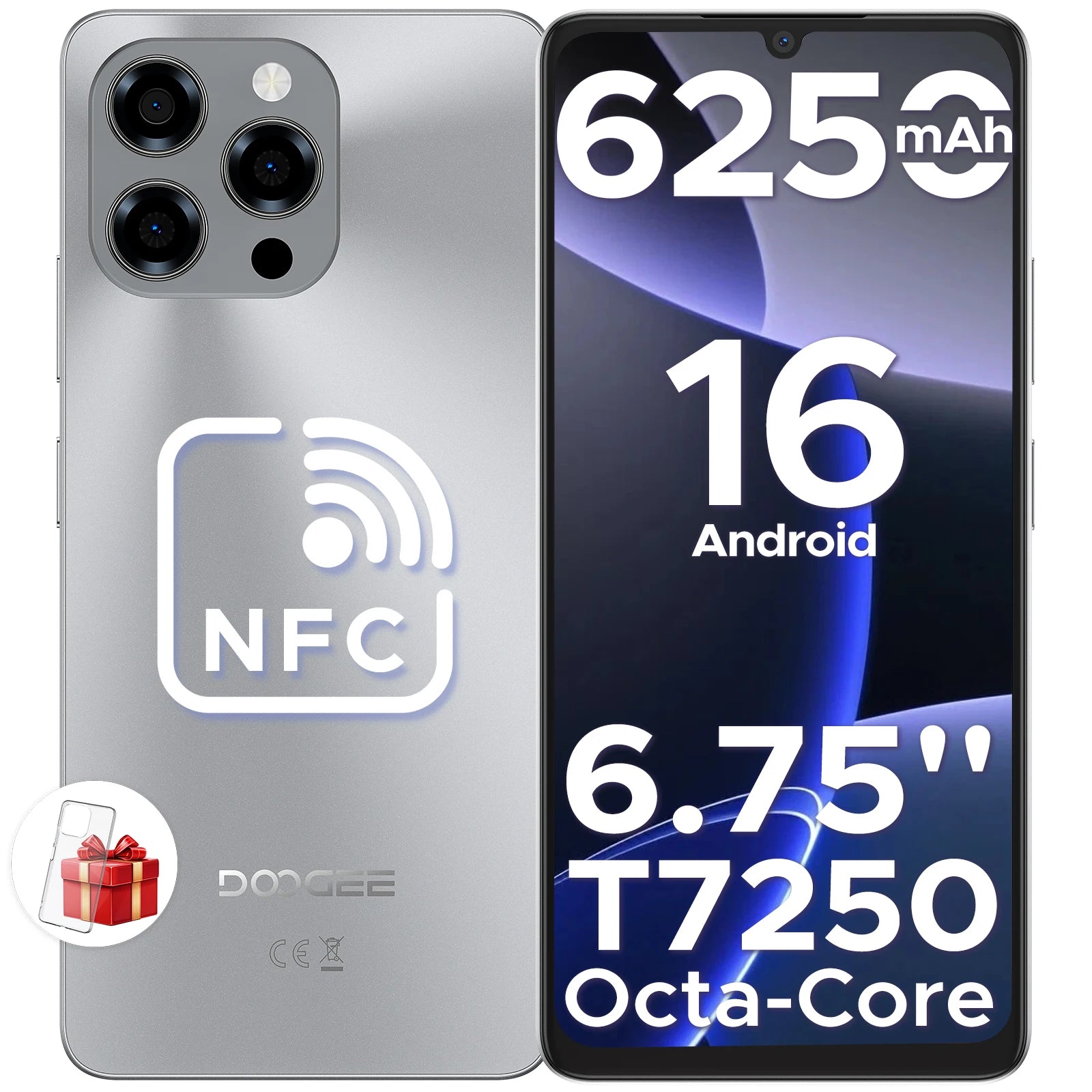 DOOGEE Note 58 Smartphone 6.75" HD+ 90Hz Display IPS Screen Android 16 8GB RAM+128GB ROM 6250mAh Battery T7250 Cellphone NFC