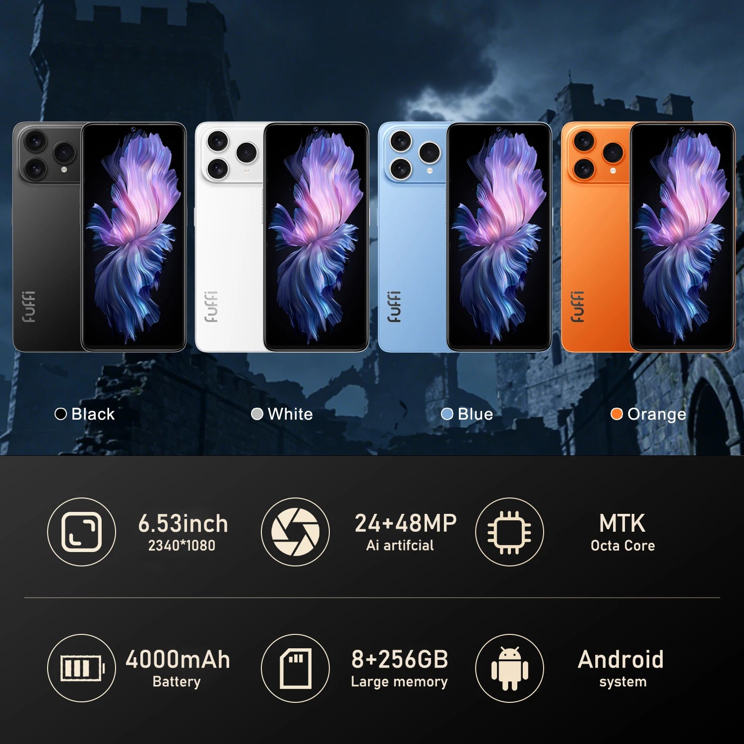 FUFFI M17 Pro Unlocked 4G Smartphone | 6.53" HD, 8+256GB, 4000mAh battery, 48MP Camera, Fast Charging, Face Recognition, Android | Daily Office & Gift