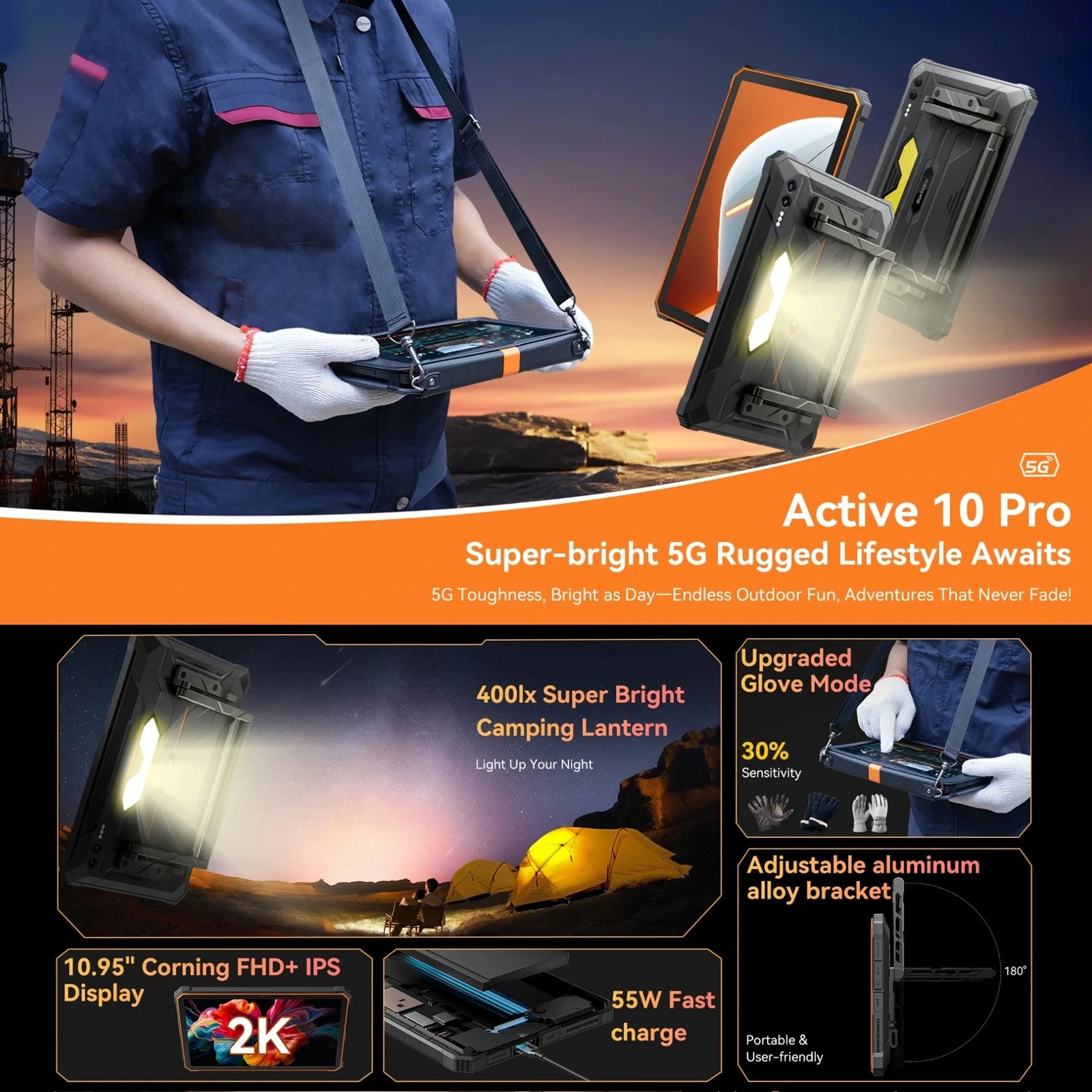 Blackview Active 10 Pro 5G Rugged Tablet 12GB+512GB 10.95" 2.4K Display Dimensity 7300 30000mAh 108MP Camera NFC Global Version