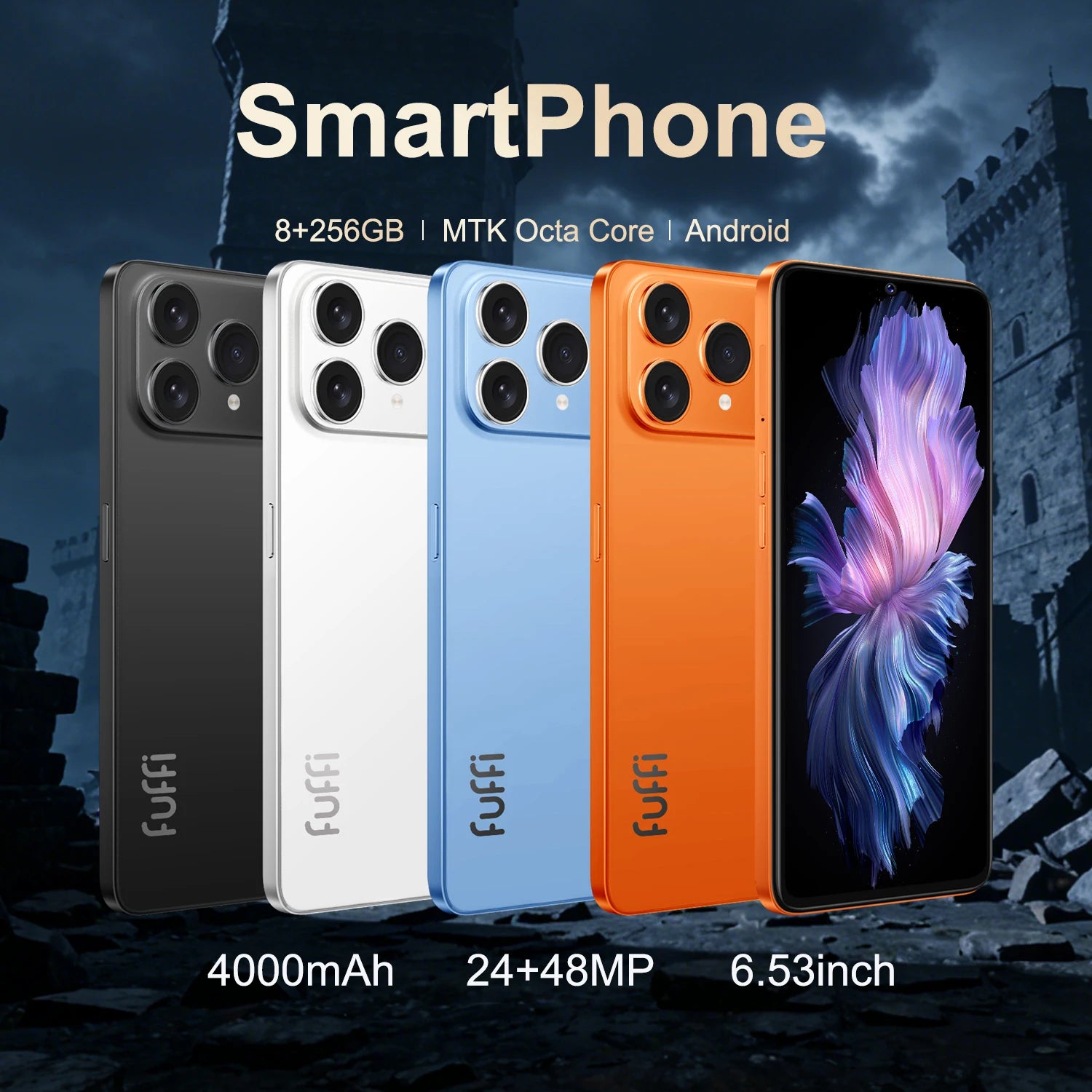 FUFFI M17 Pro Unlocked 4G Smartphone | 6.53" HD, 8+256GB, 4000mAh battery, 48MP Camera, Fast Charging, Face Recognition, Android | Daily Office & Gift