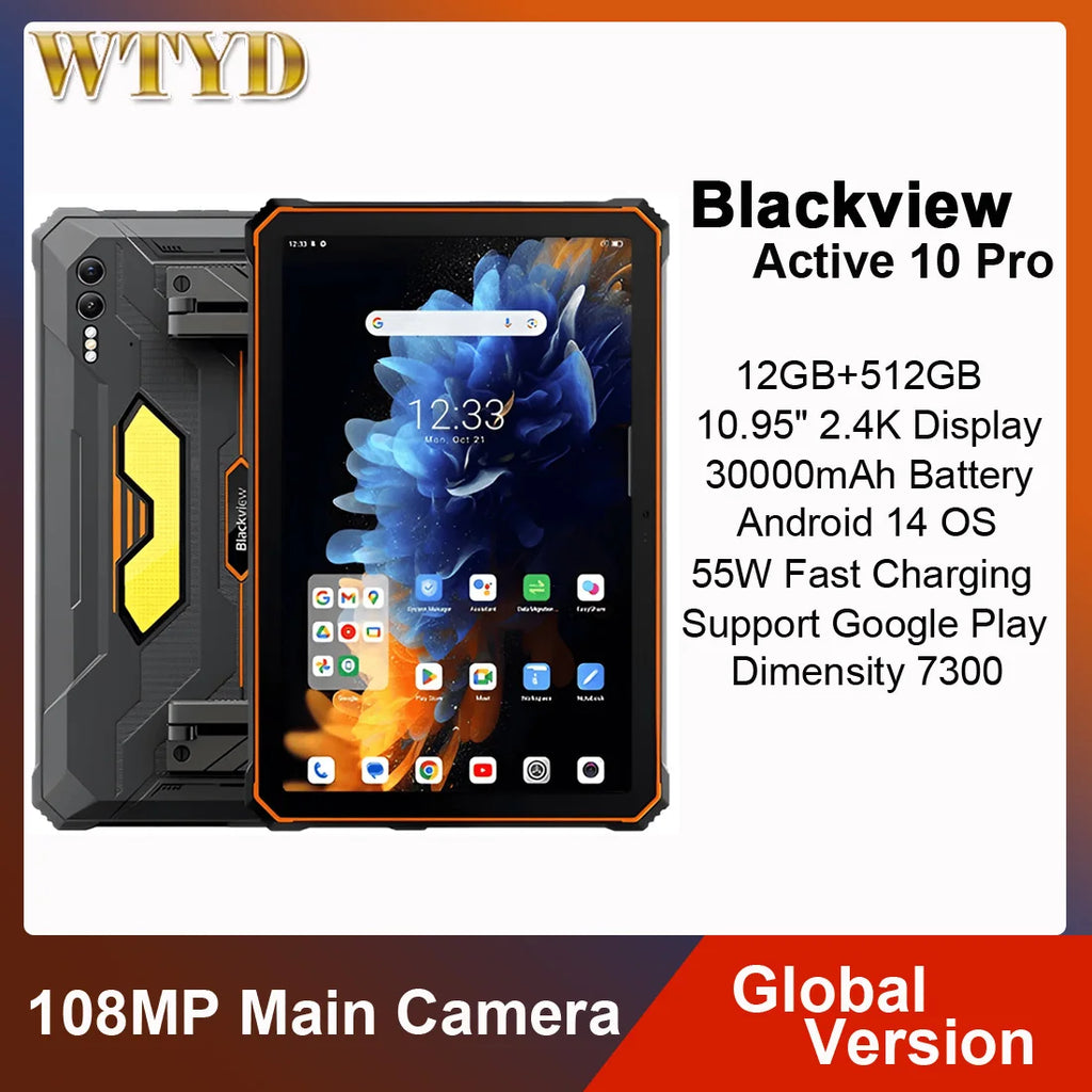 Blackview Active 10 Pro 5G Rugged Tablet 12GB+512GB 10.95" 2.4K Display Dimensity 7300 30000mAh 108MP Camera NFC Global Version