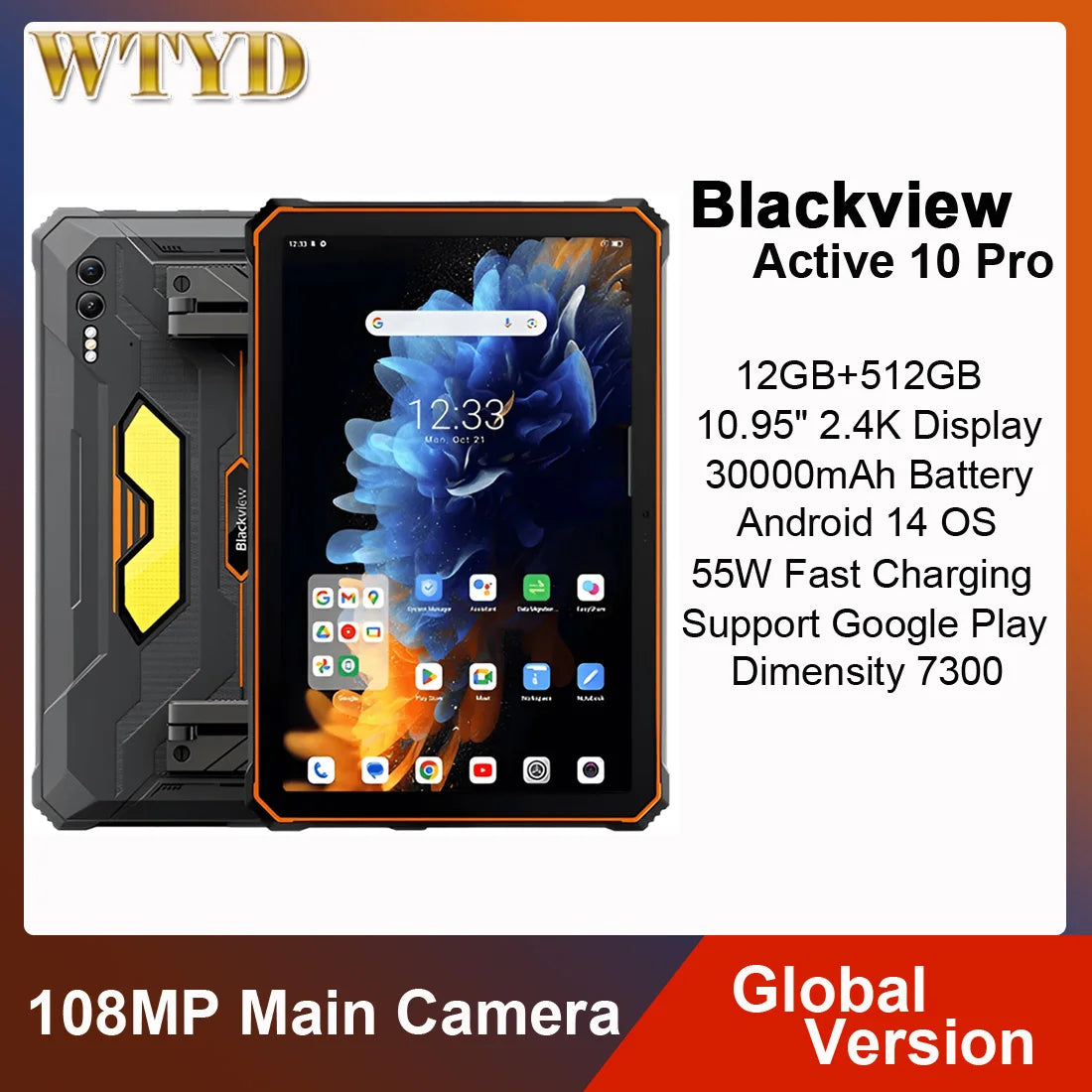 Blackview Active 10 Pro 5G Rugged Tablet 12GB+512GB 10.95" 2.4K Display Dimensity 7300 30000mAh 108MP Camera NFC Global Version