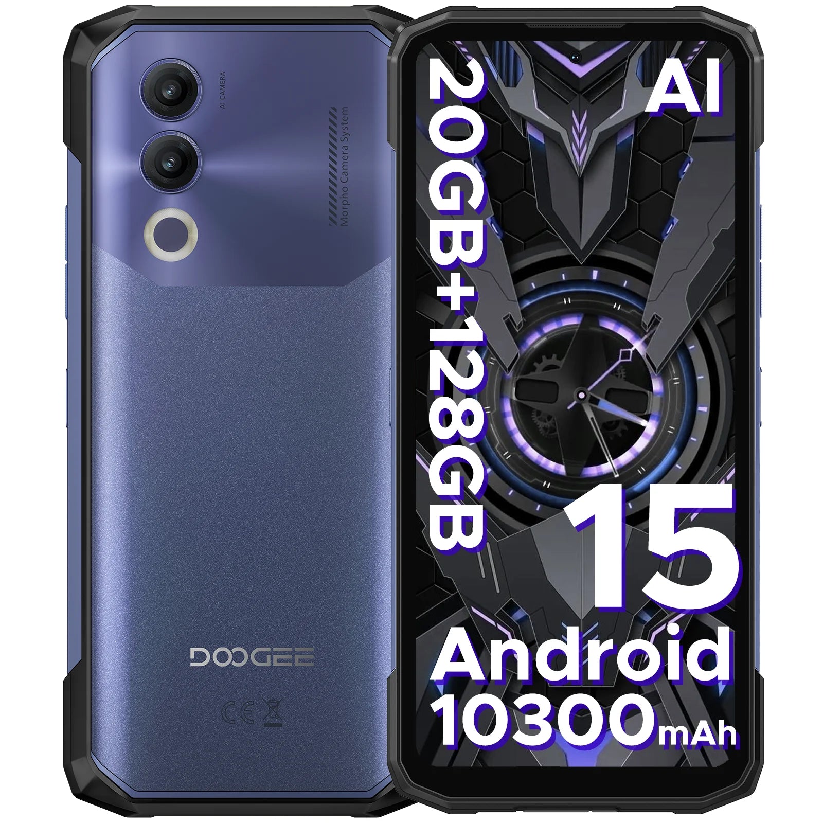 DOOGEE Blade20 Rugged Phone 6.6'' Screen 10300mAh Battery 20GB(4+16)+128GB Android 15 16MP AI Camera Gemini AI NFC Smartphone
