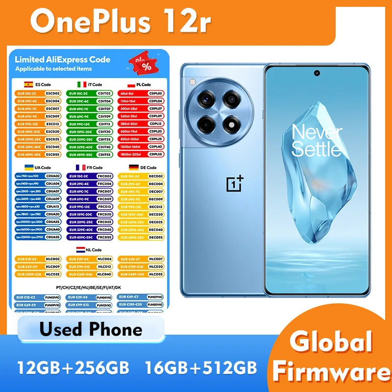Oneplus 12R 5G 256GB 512GB ROM Smartphone Android  features a 6.78-inch 1.5K AMOLED LTPO4 display Used Phone