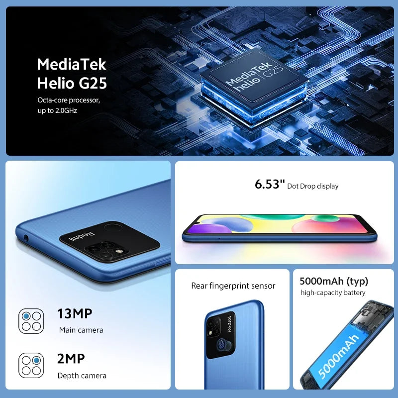 Global Rom Original Xiaomi Redmi 10A 5000mAh Smartphone 6.53' HD Display Helio G25 Octa Core 13MP Fingerprint 4G Smartphone