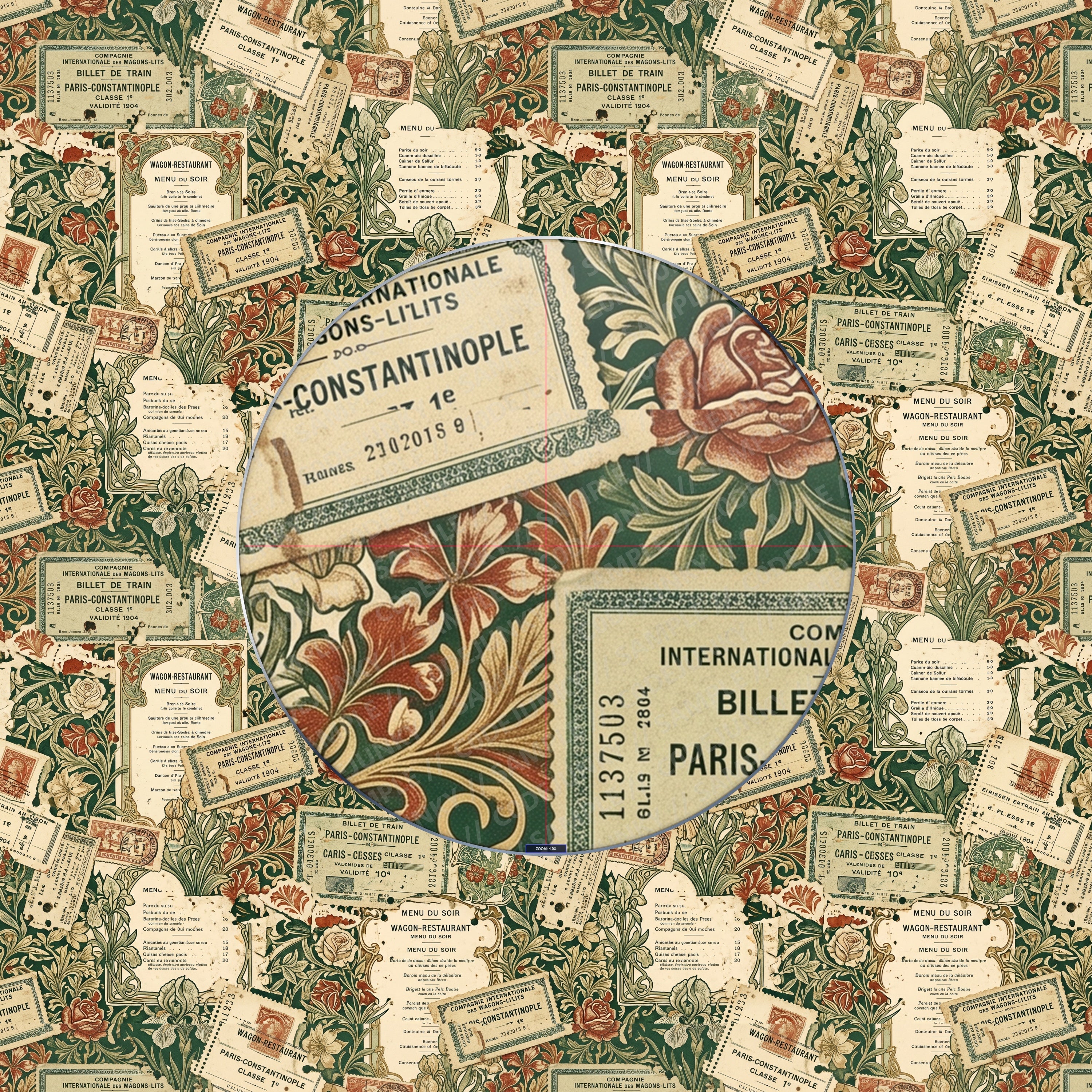Vintage-style collage with tickets and floral patterns