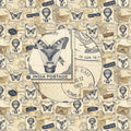 Vintage-style design with hot air balloons, butterflies, and stamps on a beige background.