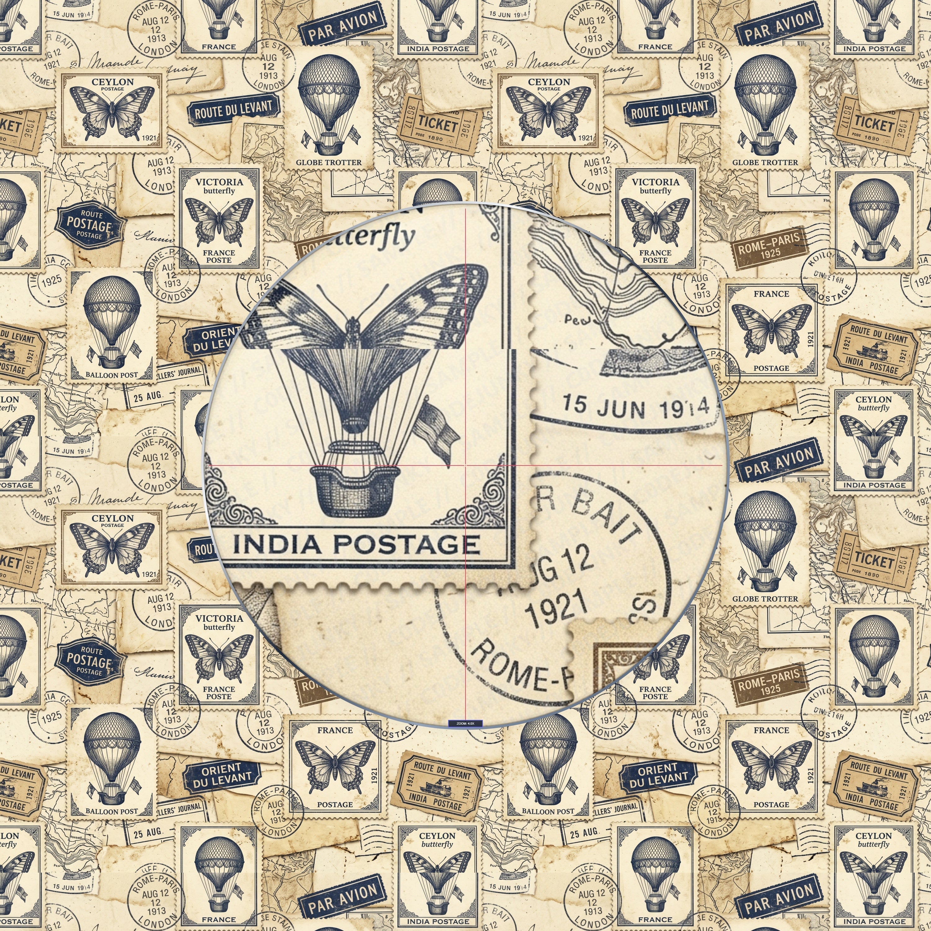 Vintage-style design with hot air balloons, butterflies, and stamps on a beige background.