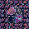 Colorful floral and butterfly pattern on a dark background