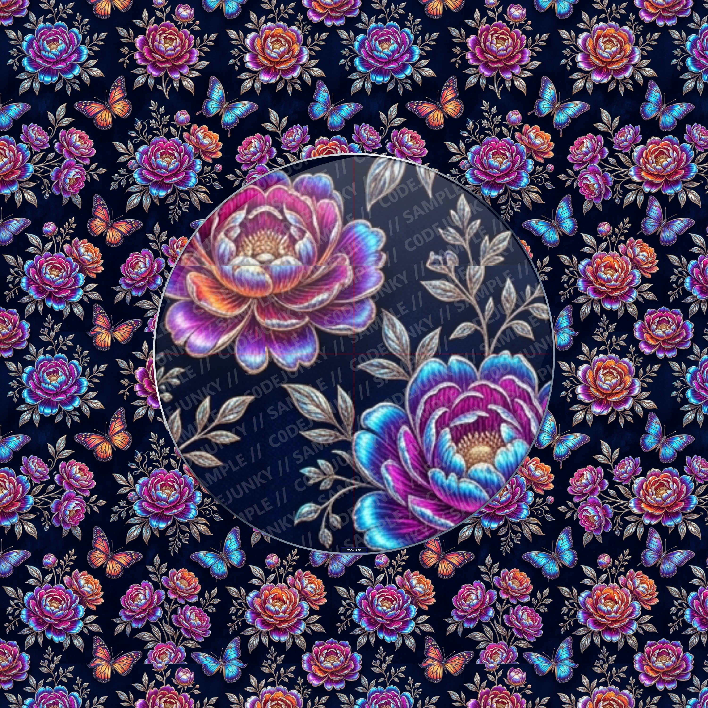Colorful floral and butterfly pattern on a dark background